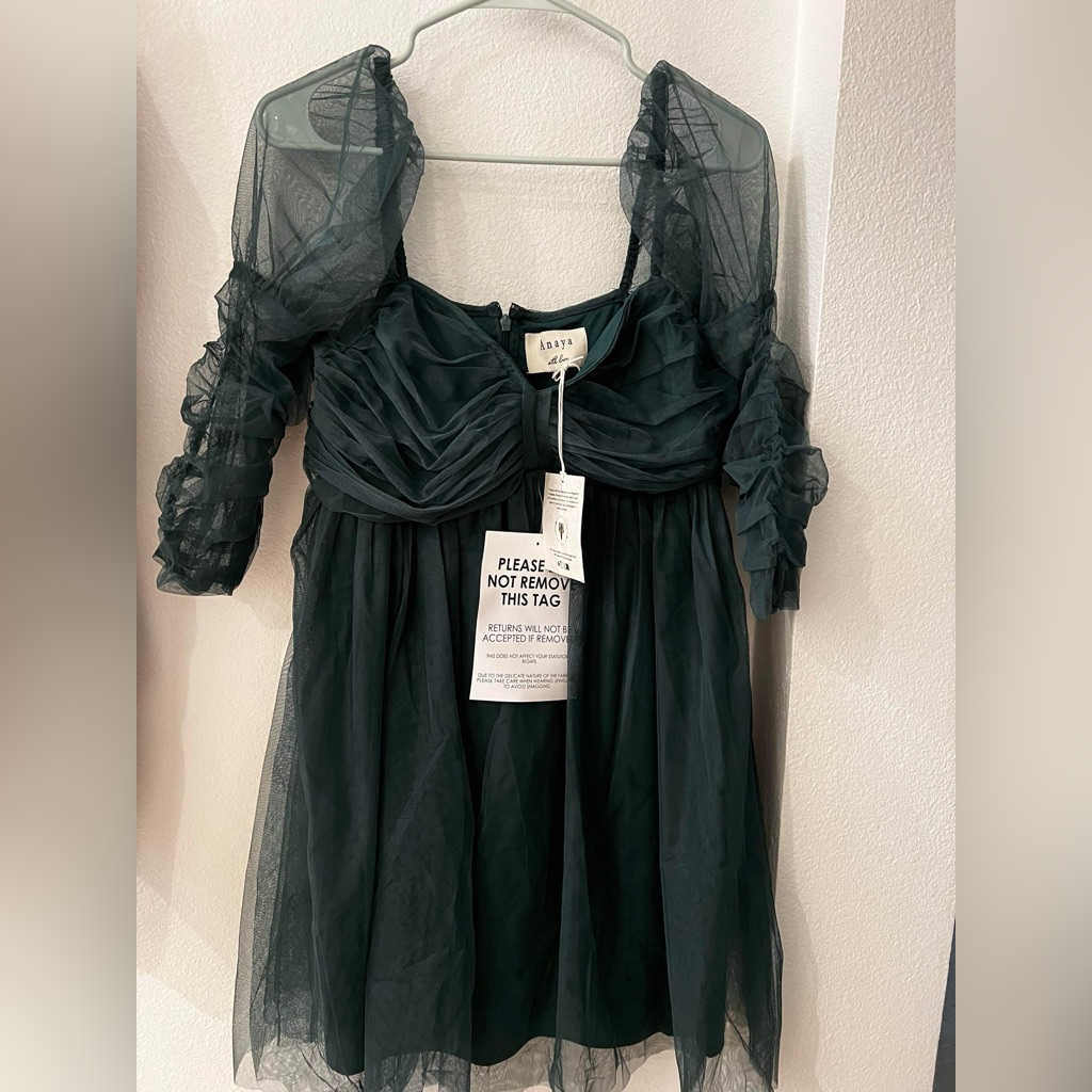 Anaya Babydoll Mini Tulle Dress With Ruched Sleeves In Emerald